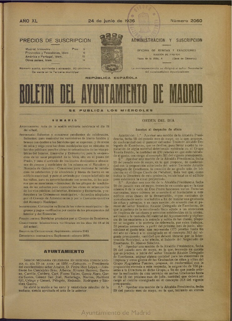 Miniatura de Boletín Oficial del Ayuntamiento de Madrid del 24 de junio de 1936, nº 2060