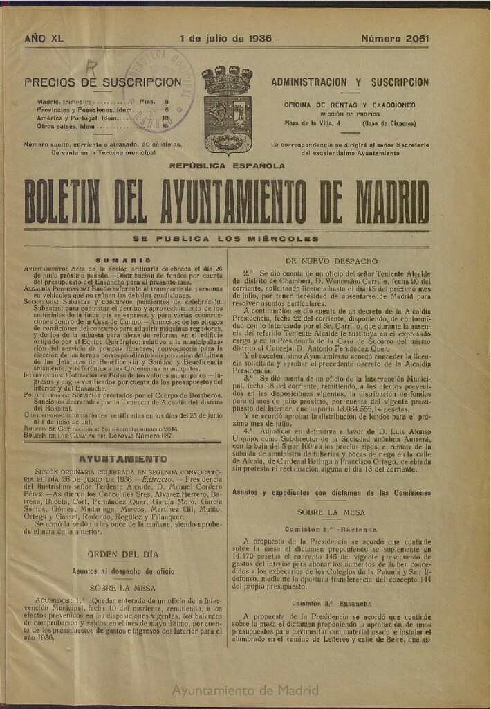 Miniatura de Boletín Oficial del Ayuntamiento de Madrid del 1 de julio de 1936, nº 2061