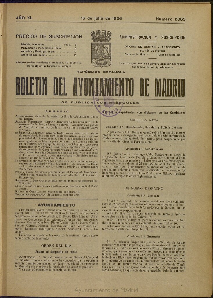 Miniatura de Boletín Oficial del Ayuntamiento de Madrid del 15 de julio de 1936, nº 2063