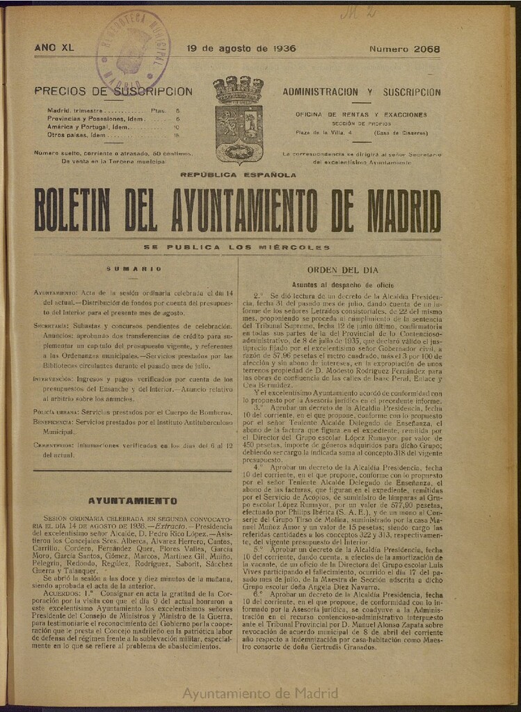 Miniatura de Boletín Oficial del Ayuntamiento de Madrid del 19 de agosto de 1936, nº 2068