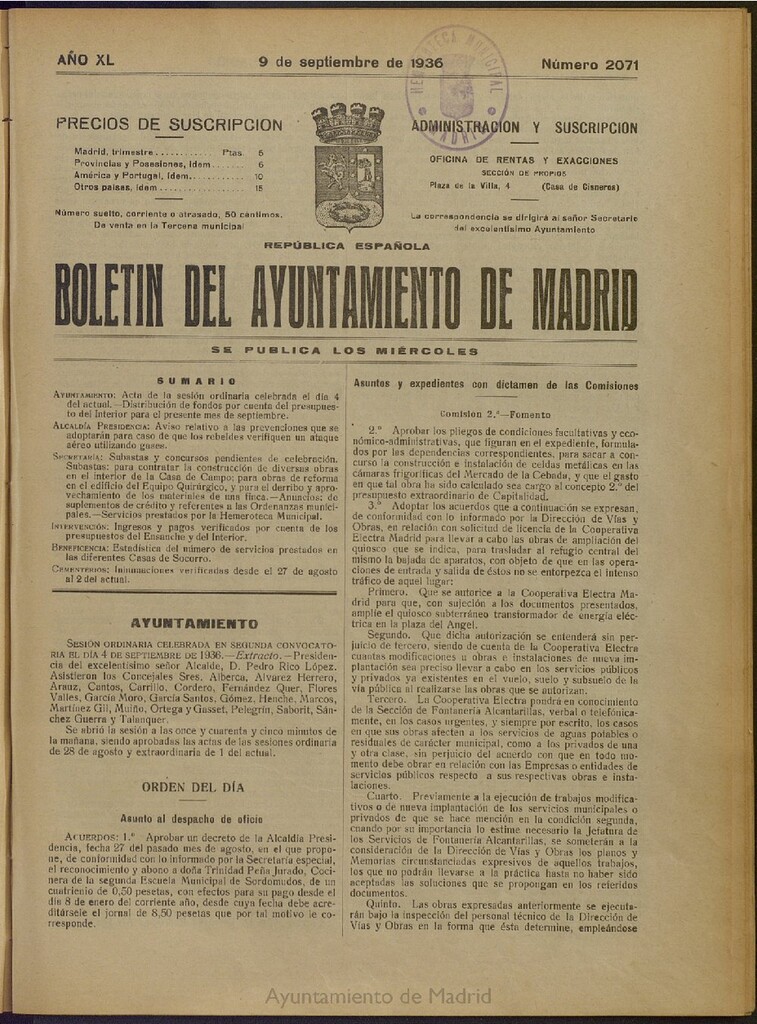 Miniatura de Boletín Oficial del Ayuntamiento de Madrid del 9 de septiembre de 1936, nº 2071
