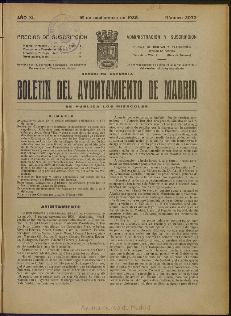 Miniatura de Boletín Oficial del Ayuntamiento de Madrid del 16 de septiembre de 1936, nº 2072