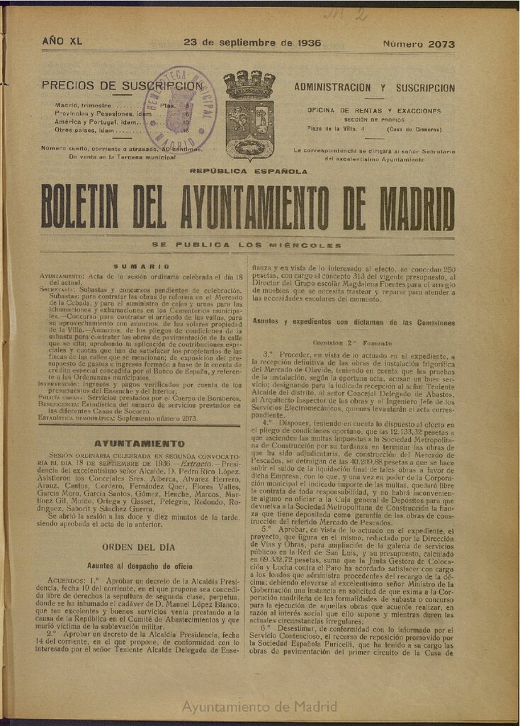 Miniatura de Boletín Oficial del Ayuntamiento de Madrid del 23 de septiembre de 1936, nº 2073