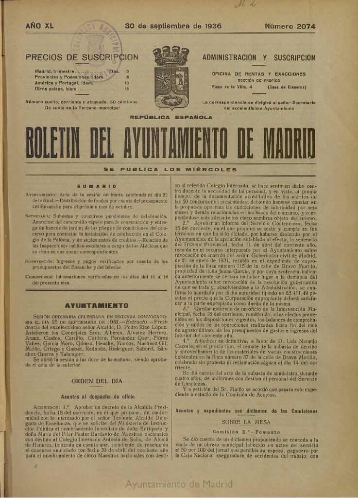Miniatura de Boletín Oficial del Ayuntamiento de Madrid del 30 de septiembre de 1936, nº 2074