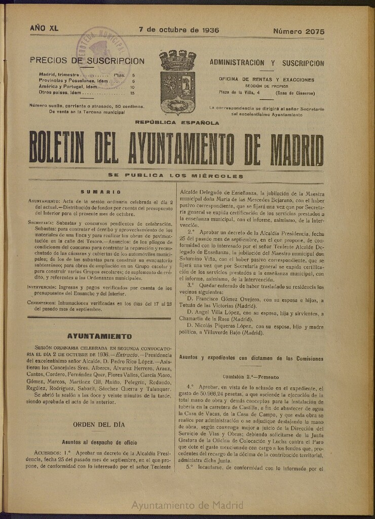 Miniatura de Boletín Oficial del Ayuntamiento de Madrid del 7 de octubre de 1936, nº 2075