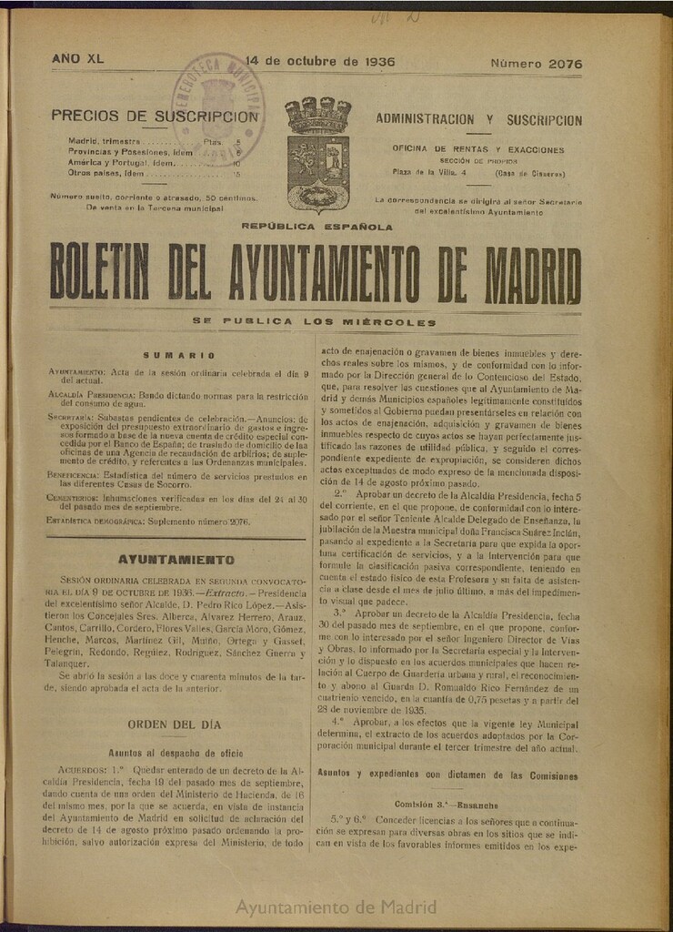 Miniatura de Boletín Oficial del Ayuntamiento de Madrid del 14 de octubre de 1936, nº 2076