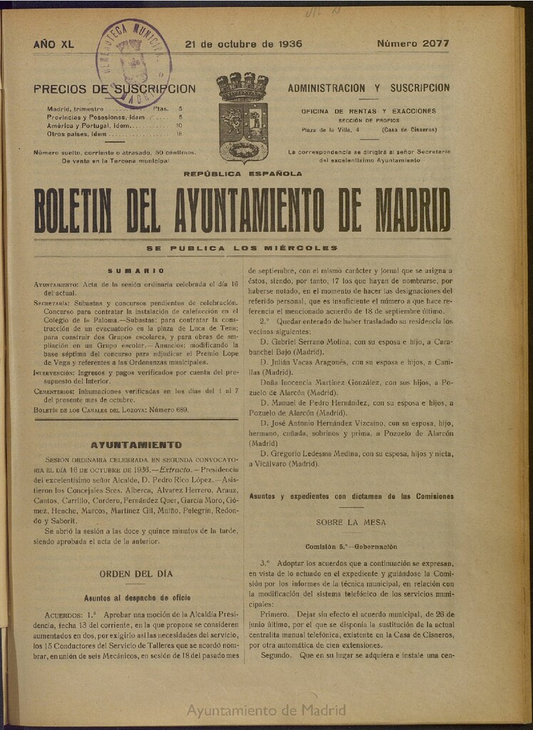 Miniatura de Boletín Oficial del Ayuntamiento de Madrid del 21 de octubre de 1936, nº 2077