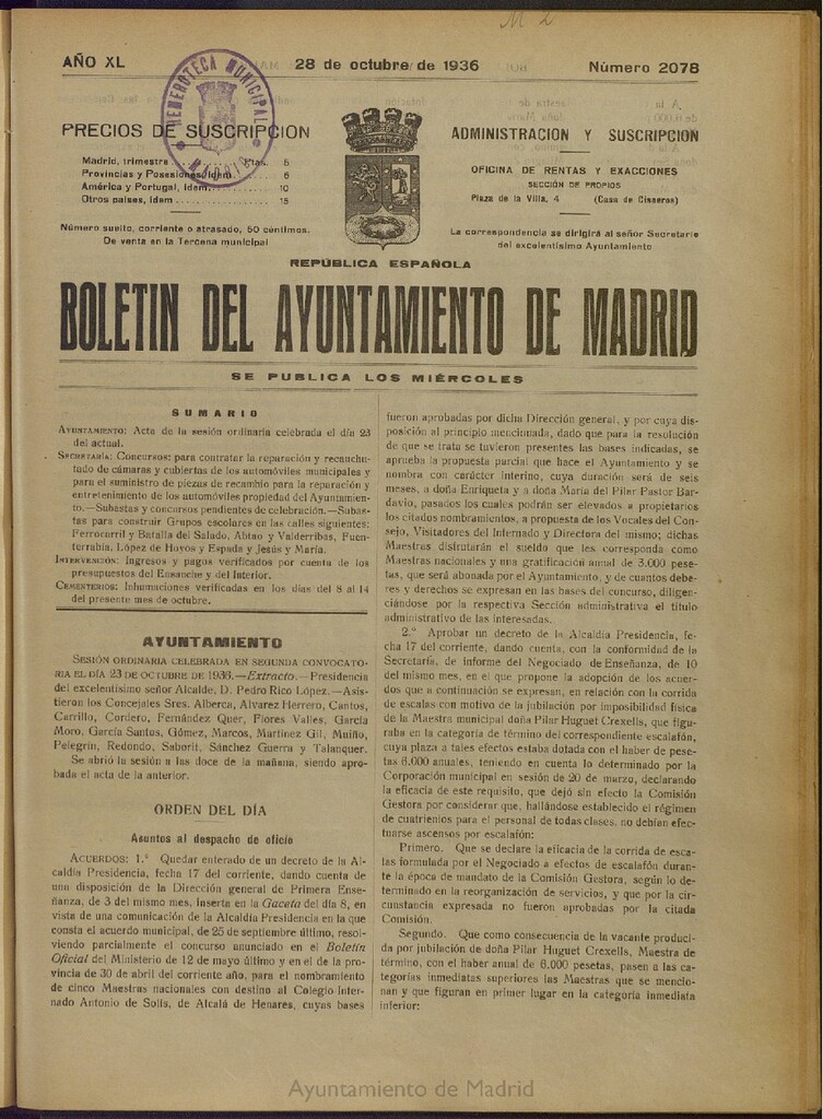 Miniatura de Boletín Oficial del Ayuntamiento de Madrid del 28 de octubre de 1936, nº 2078