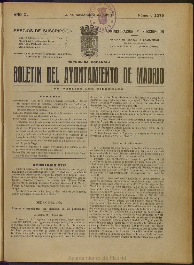 Miniatura de Boletín Oficial del Ayuntamiento de Madrid del 4 de noviembre de 1936, nº 2079