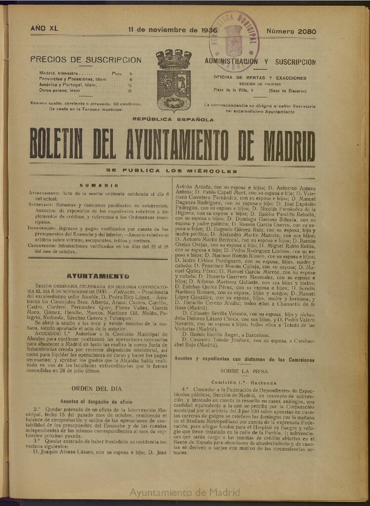 Miniatura de Boletín Oficial del Ayuntamiento de Madrid del 11 de noviembre de 1936, nº 2080