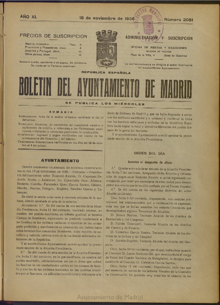 Miniatura de Boletín Oficial del Ayuntamiento de Madrid del 18 de noviembre de 1936, nº 2081