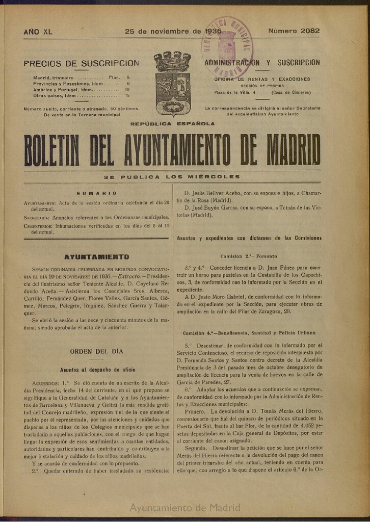 Miniatura de Boletín Oficial del Ayuntamiento de Madrid del 25 de noviembre de 1936, nº 2082