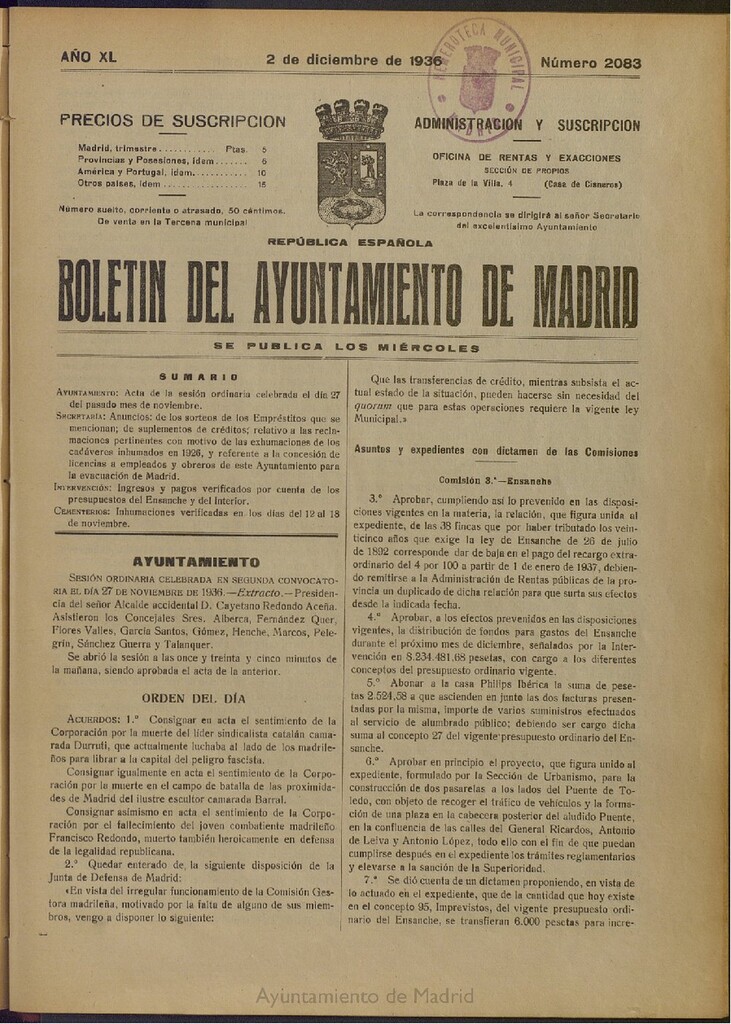 Miniatura de Boletín Oficial del Ayuntamiento de Madrid del 2 de diciembre de 1936, nº 2083