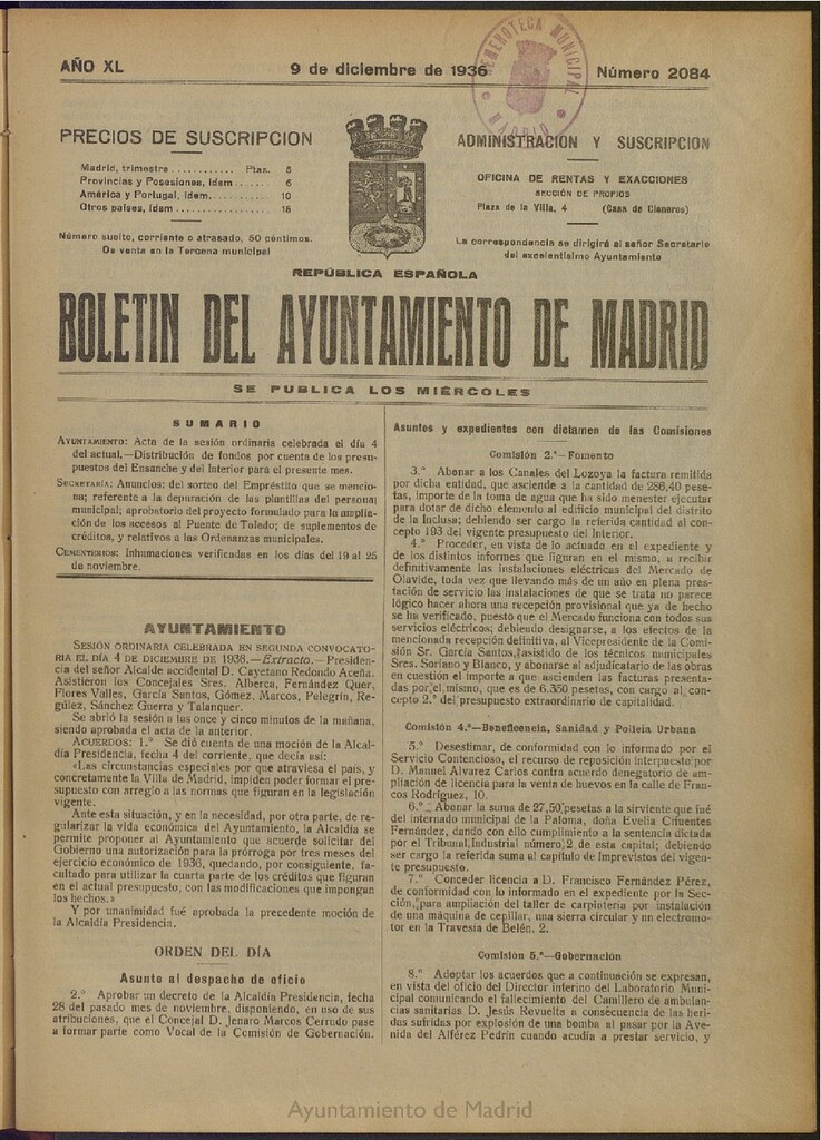 Miniatura de Boletín Oficial del Ayuntamiento de Madrid del 9 de diciembre de 1936, nº 2084