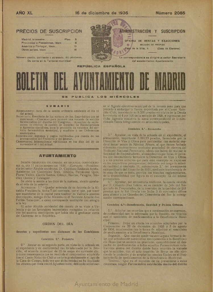 Miniatura de Boletín Oficial del Ayuntamiento de Madrid del 16 de diciembre de 1936, nº 2085