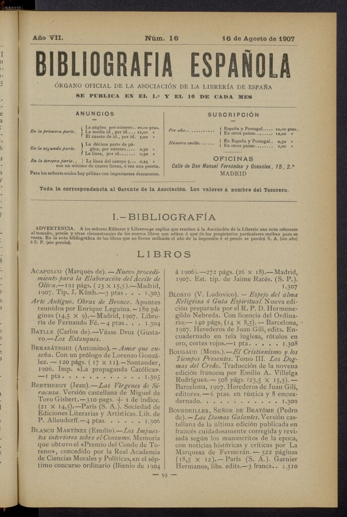 Miniatura de Bibliografía Española del 16 de agosto de 1907