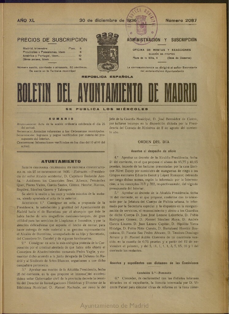 Miniatura de Boletín Oficial del Ayuntamiento de Madrid del 30 de diciembre de 1936, nº 2087