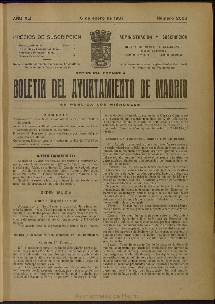 Miniatura de Boletín Oficial del Ayuntamiento de Madrid del 6 de enero de 1937, nº 2088