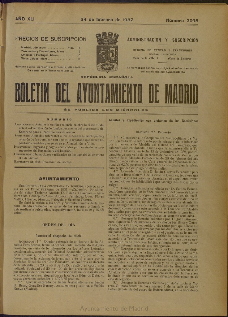 Miniatura de Boletín Oficial del Ayuntamiento de Madrid del 24 de febrero de 1937, nº 2095