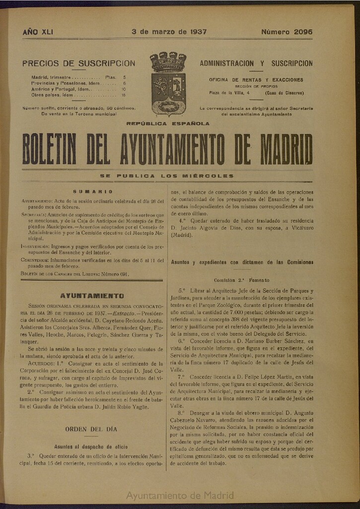 Miniatura de Boletín Oficial del Ayuntamiento de Madrid del 3 de marzo de 1937, nº 2096