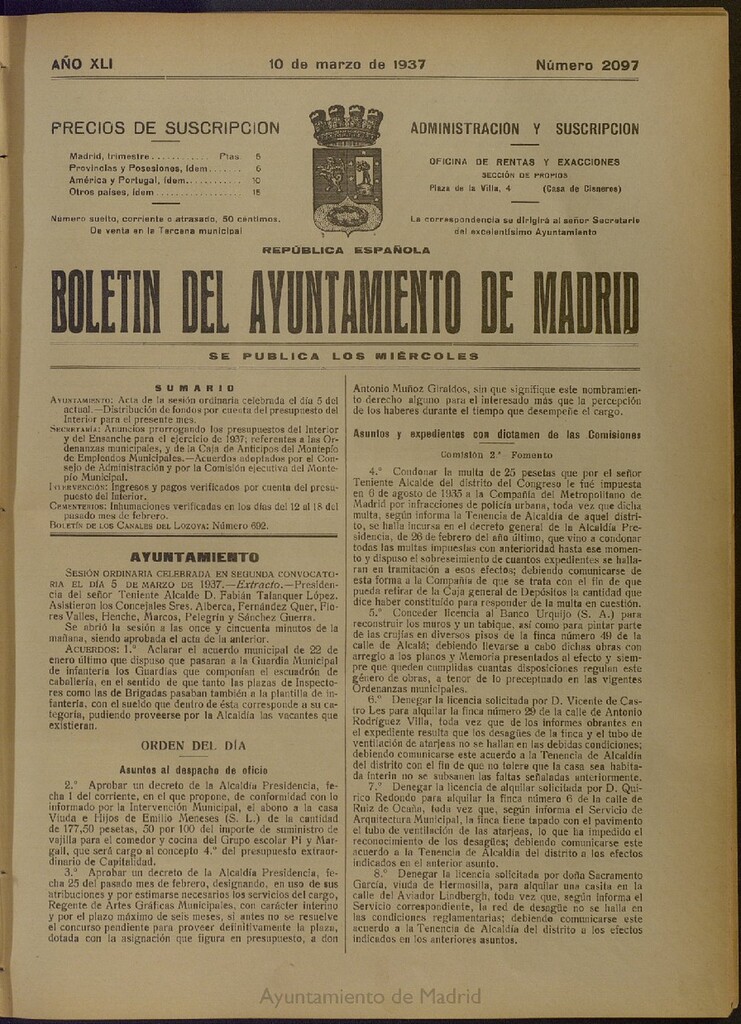 Miniatura de Boletín Oficial del Ayuntamiento de Madrid del 10 de marzo de 1937, nº 2097
