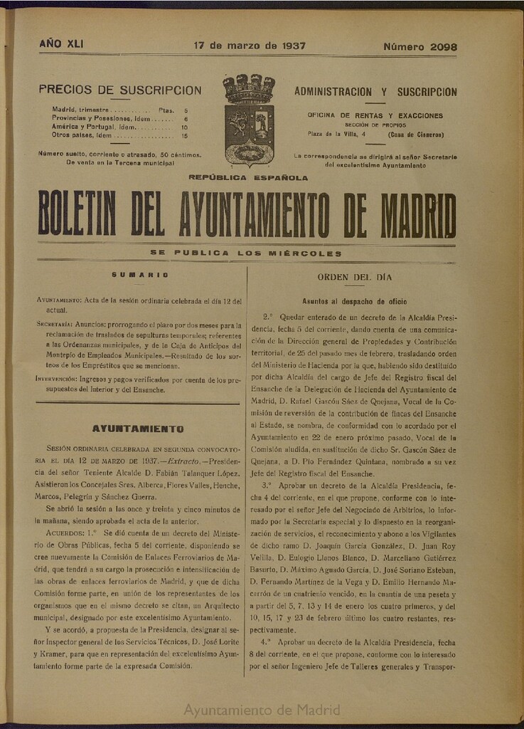 Miniatura de Boletín Oficial del Ayuntamiento de Madrid del 17 de marzo de 1937, nº 2098