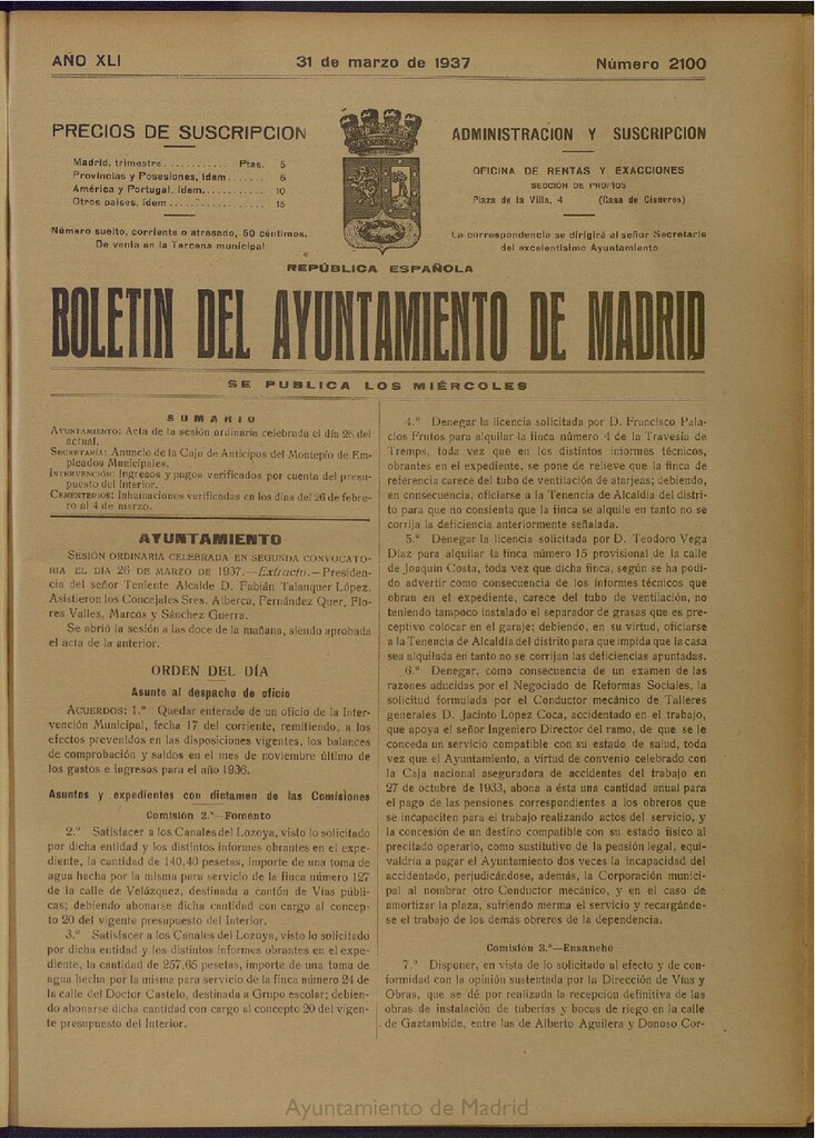 Miniatura de Boletín Oficial del Ayuntamiento de Madrid del 31 de marzo de 1937, nº 2100