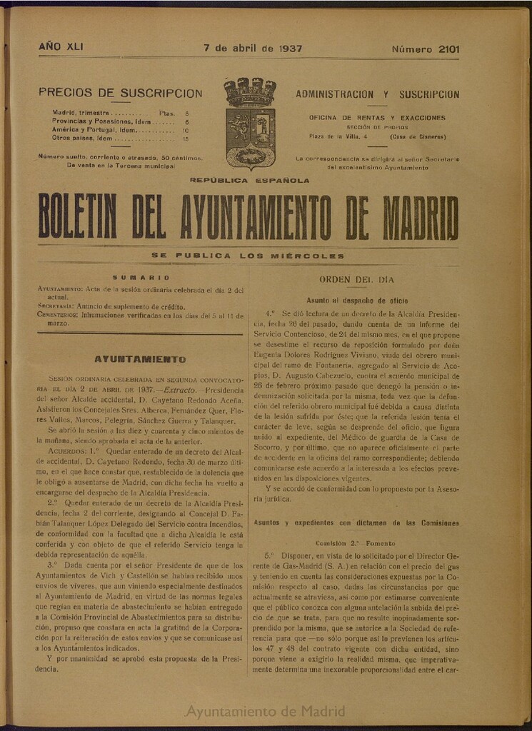 Miniatura de Boletín Oficial del Ayuntamiento de Madrid del 7 de abril de 1937, nº 2101