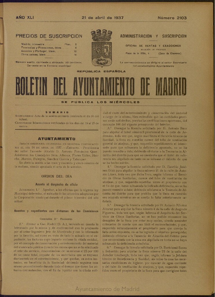 Miniatura de Boletín Oficial del Ayuntamiento de Madrid del 21 de abril de 1937, nº 2103
