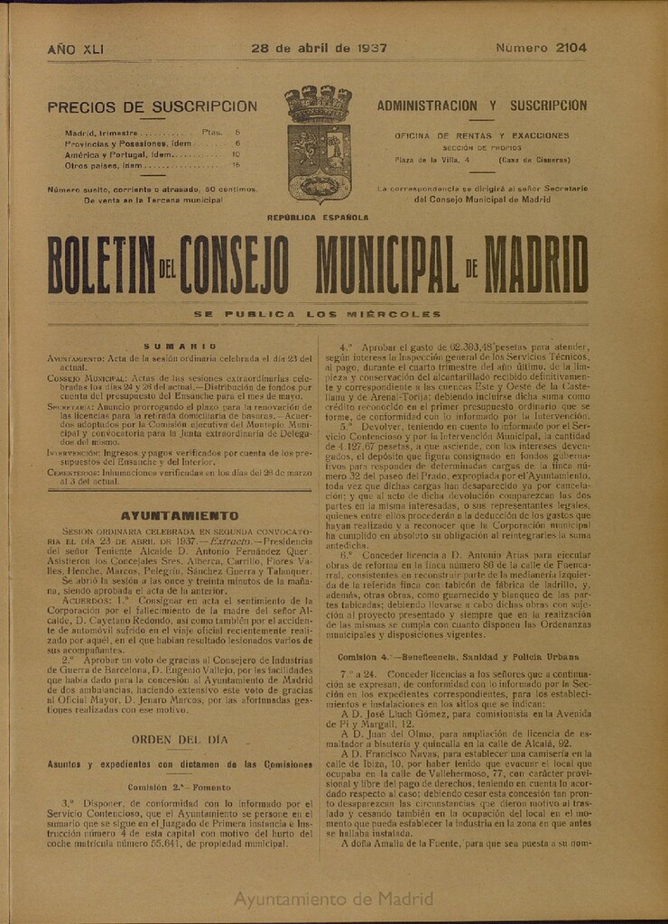 Miniatura de Boletín Oficial del Ayuntamiento de Madrid del 28 de abril de 1937, nº 2104