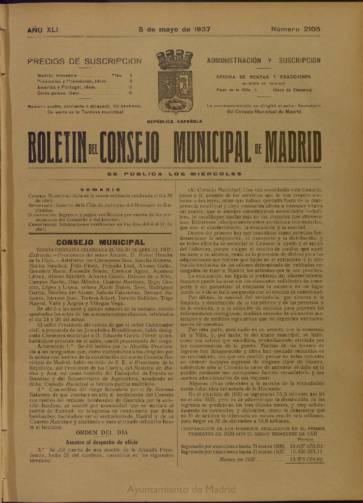 Miniatura de Boletín Oficial del Ayuntamiento de Madrid del 5 de mayo de 1937, nº 2105