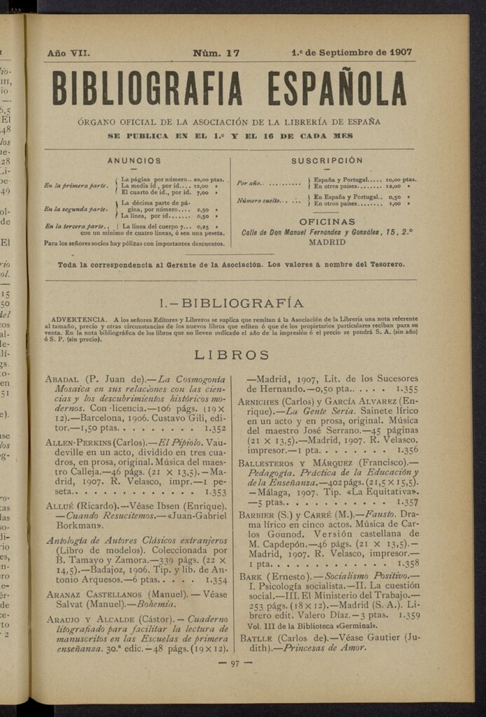 Miniatura de Bibliografía Española del 1 de septiembre de 1907
