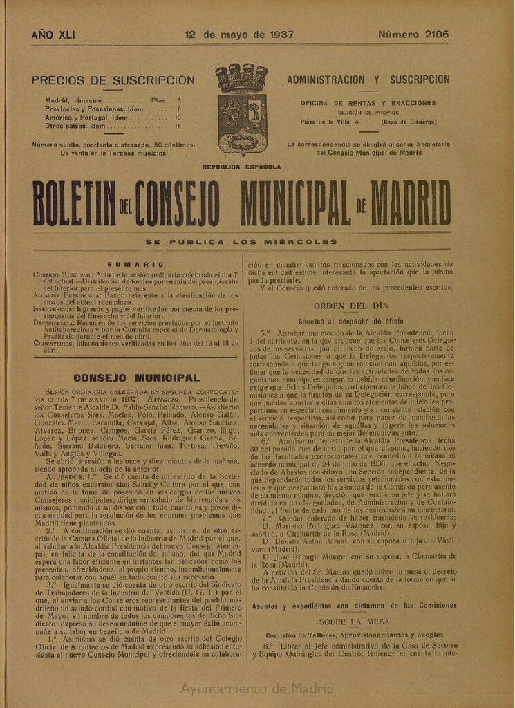 Miniatura de Boletín Oficial del Ayuntamiento de Madrid del 12 de mayo de 1937, nº 2106