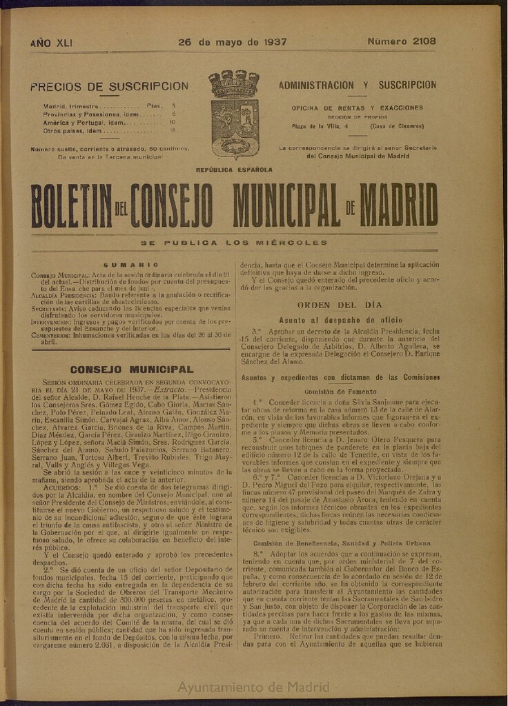 Miniatura de Boletín Oficial del Ayuntamiento de Madrid del 26 de mayo de 1937, nº 2108