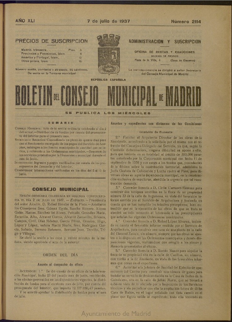 Miniatura de Boletín Oficial del Ayuntamiento de Madrid del 7 de julio de 1937, nº 2114