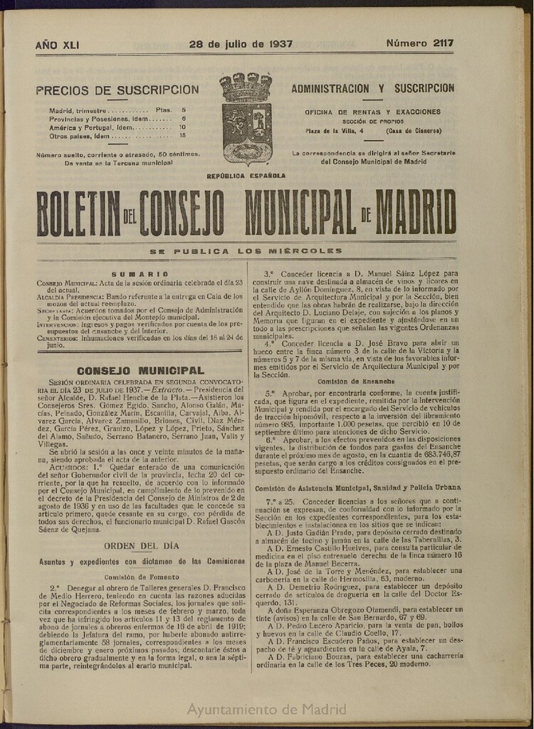 Miniatura de Boletín Oficial del Ayuntamiento de Madrid del 28 de julio de 1937, nº 2117