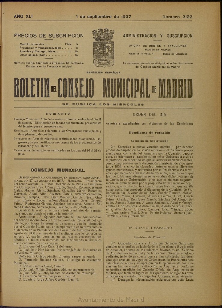Miniatura de Boletín Oficial del Ayuntamiento de Madrid del 31 de agosto de 1937, nº 2122