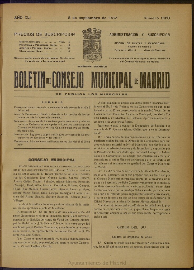 Miniatura de Boletín Oficial del Ayuntamiento de Madrid del 8 de septiembre de 1937, nº 2123
