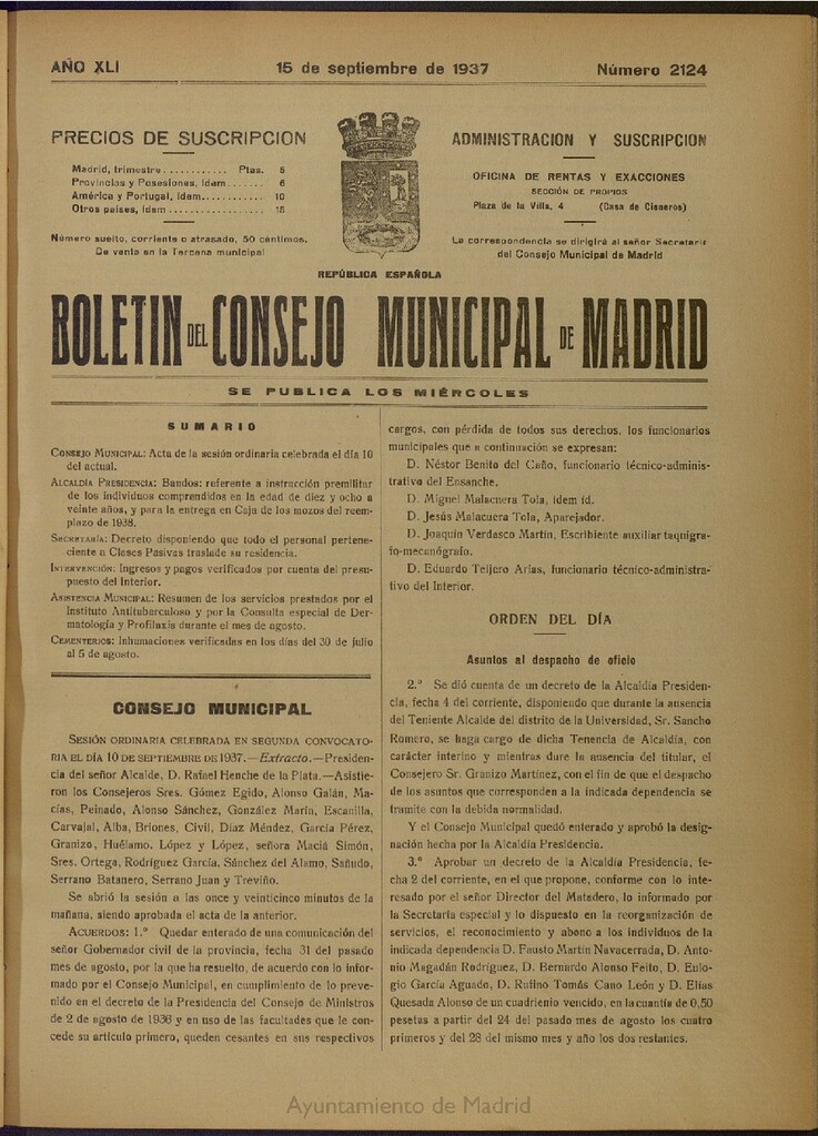 Miniatura de Boletín Oficial del Ayuntamiento de Madrid del 15 de septiembre de 1937, nº 2124