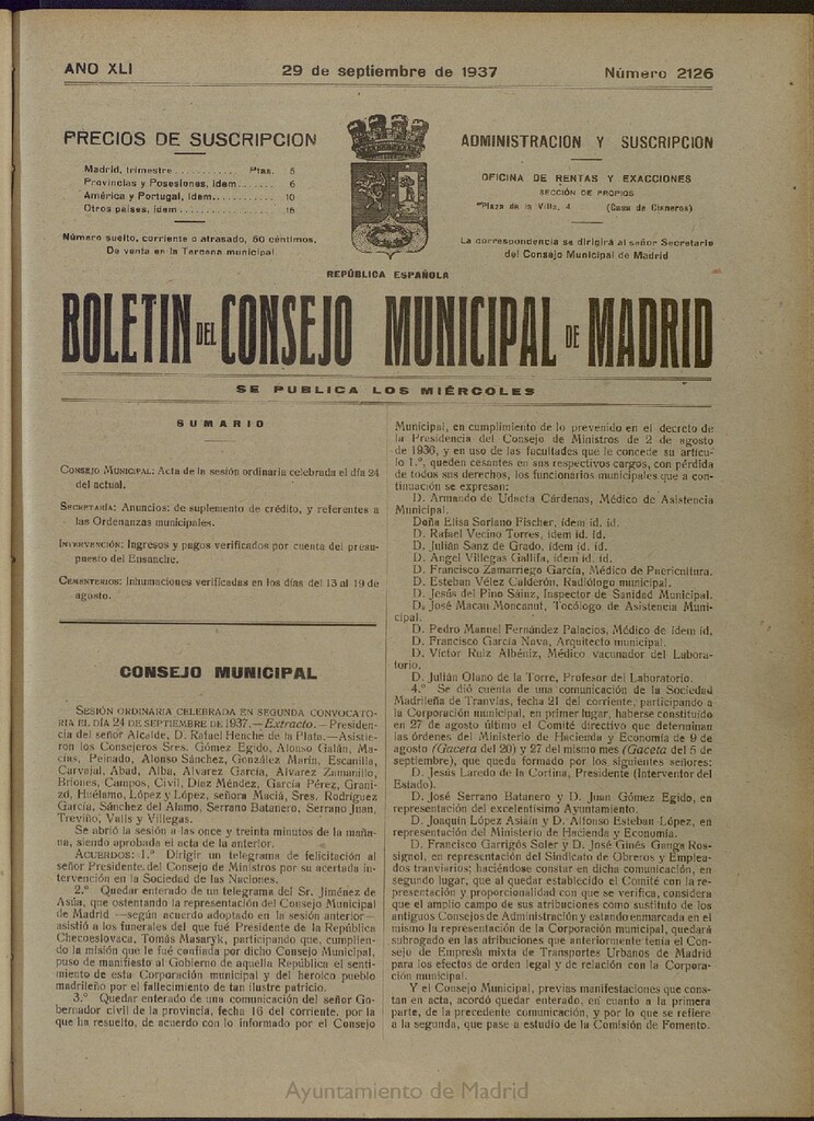 Miniatura de Boletín Oficial del Ayuntamiento de Madrid del 29 de septiembre de 1937, nº 2126