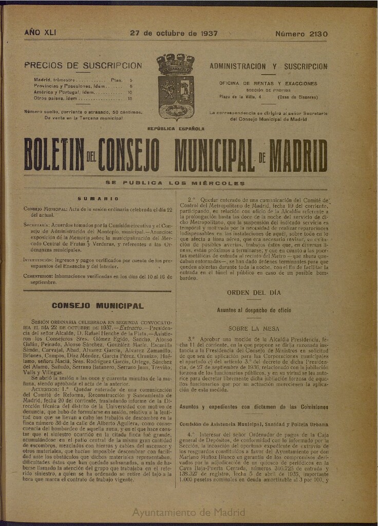 Miniatura de Boletín Oficial del Ayuntamiento de Madrid del 27 de octubre de 1937, nº 2130