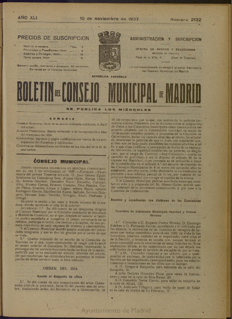 Miniatura de Boletín Oficial del Ayuntamiento de Madrid del 10 de noviembre de 1937, nº 2132
