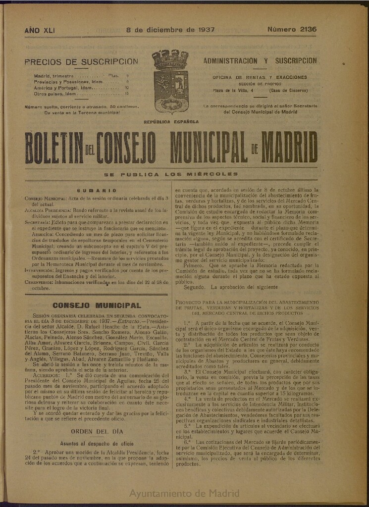 Miniatura de Boletín Oficial del Ayuntamiento de Madrid del 8 de diciembre de 1937, nº 2136