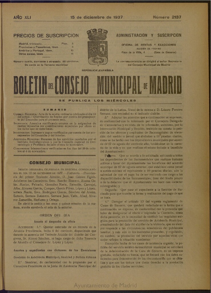 Miniatura de Boletín Oficial del Ayuntamiento de Madrid del 15 de diciembre de 1937, nº 2137