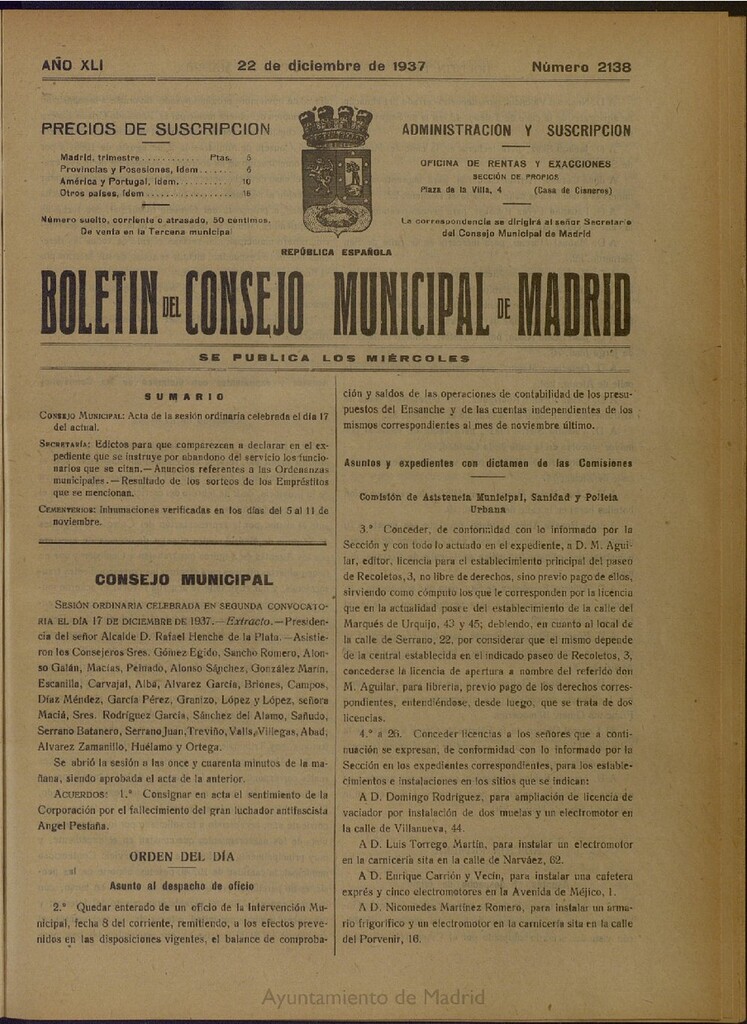 Miniatura de Boletín Oficial del Ayuntamiento de Madrid del 22 de diciembre de 1937, nº 2138