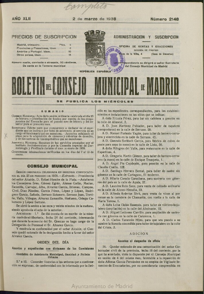 Miniatura de Boletín Oficial del Ayuntamiento de Madrid del 2 de marzo de 1938, nº 2148
