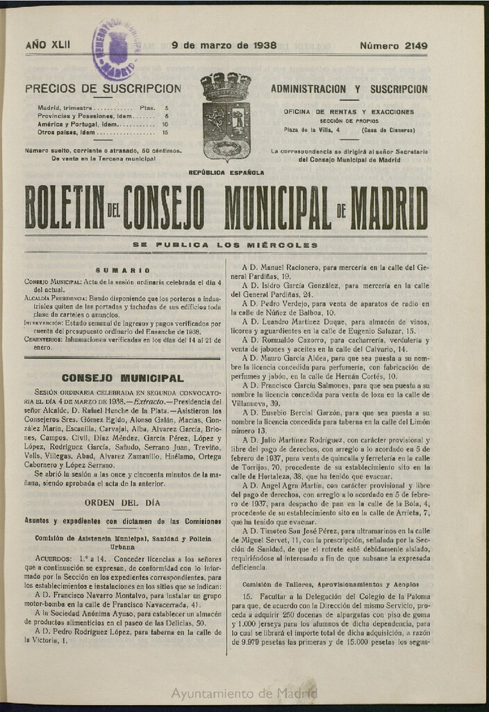 Miniatura de Boletín Oficial del Ayuntamiento de Madrid del 9 de marzo de 1938, nº 2149