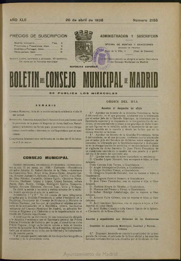 Miniatura de Boletín Oficial del Ayuntamiento de Madrid del 20 de abril de 1938, nº 2155