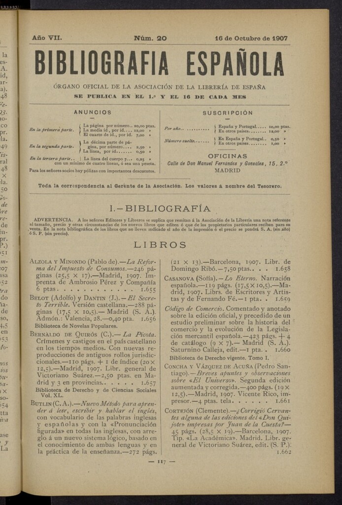 Miniatura de Bibliografía Española del 16 de octubre de 1907