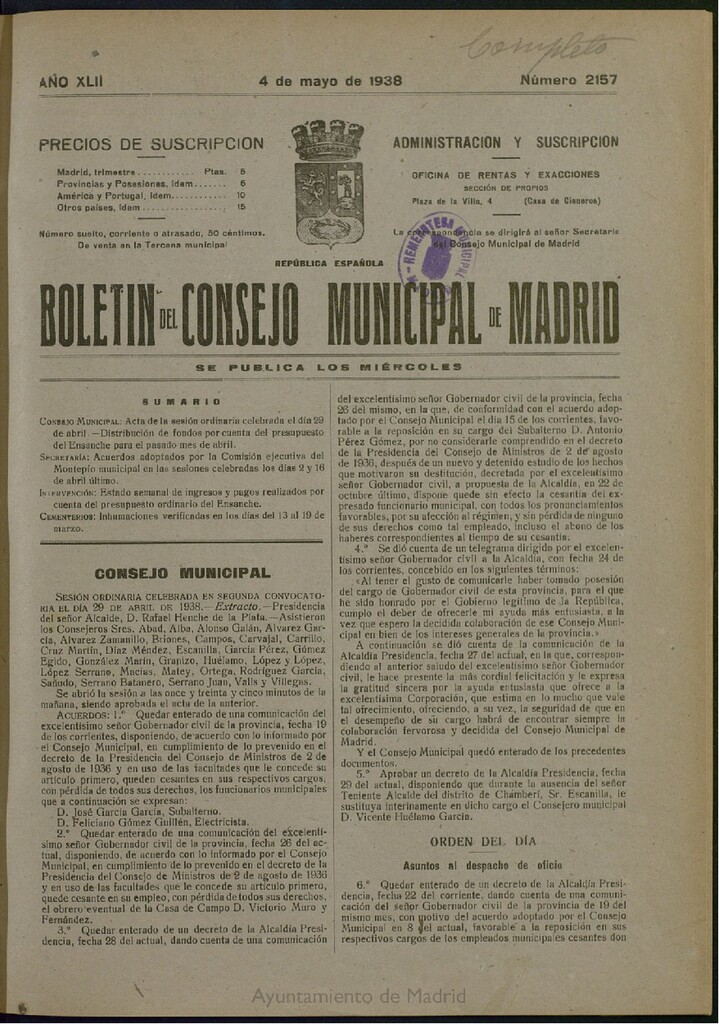 Miniatura de Boletín Oficial del Ayuntamiento de Madrid del 4 de mayo de 1938, nº 2157